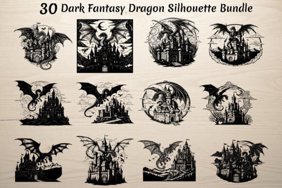 30 Dark Fantasy Dragon Silhouette Bundle for Graphics and Crafts