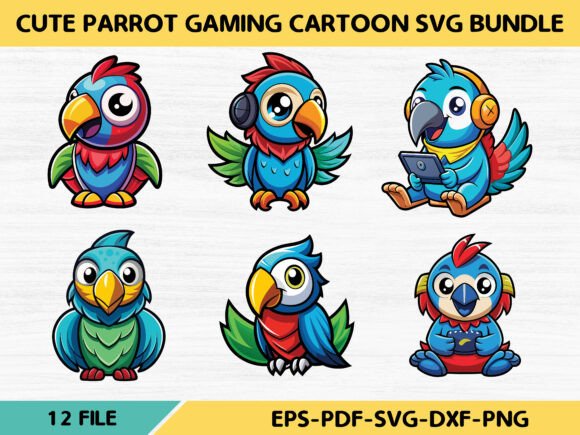 Cute Parrot Gaming Cartoon Svg Bundle for Graphics and Illustrations