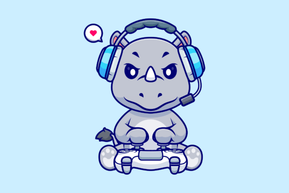 Cute Rhino Gaming Cartoon Illustration for Graphics and Branding