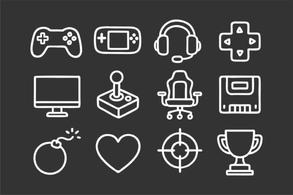 Gaming Icons Set, White Outlines Graphics