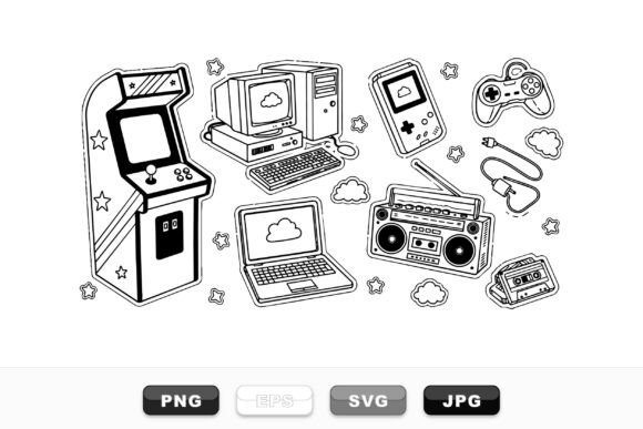 Retro Tech Doodle Clipart Set for Graphics and Crafts